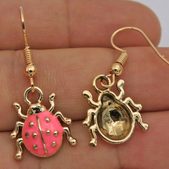 Gold Plated Pink Lady Bug Dangle Earrings Party Gift - Picture 4 of 4